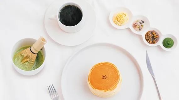 Set of coffee, pancakes, and matcha