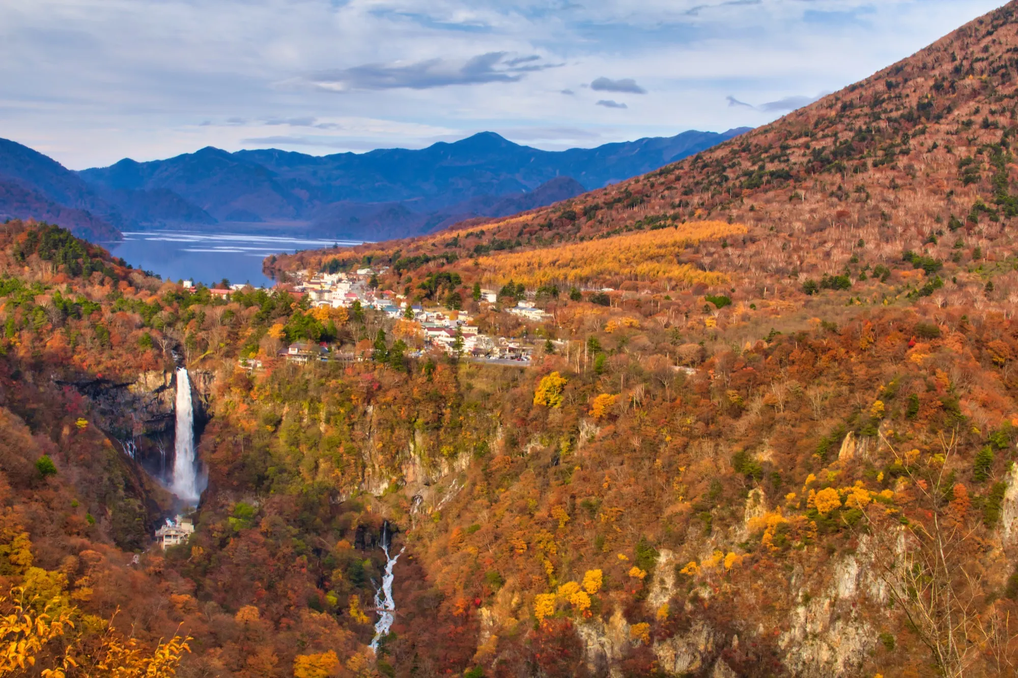 Kegon Falls and Lake Chuzenji seen from Akechidaira