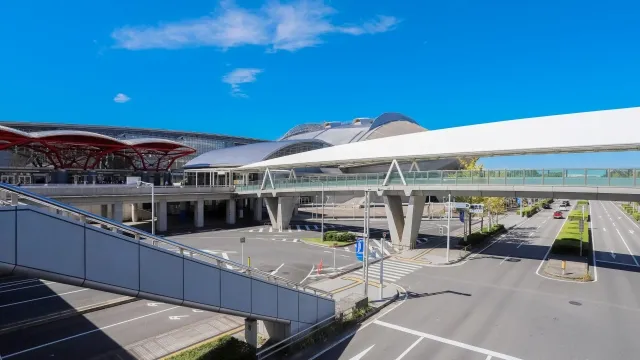 The buildings around Makuhari Messe, with their eye-catching red steel-frame roof